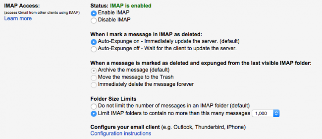 Gmail ajustes imap google